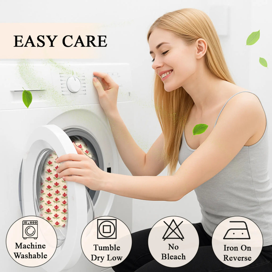 Woman interacting with a washing machine with text &
