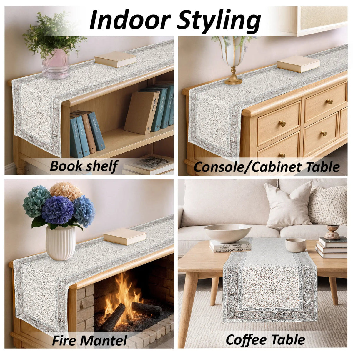Table runner used on a bookshelf, console cabinet, fire mantel, and coffee table with decorative items.
