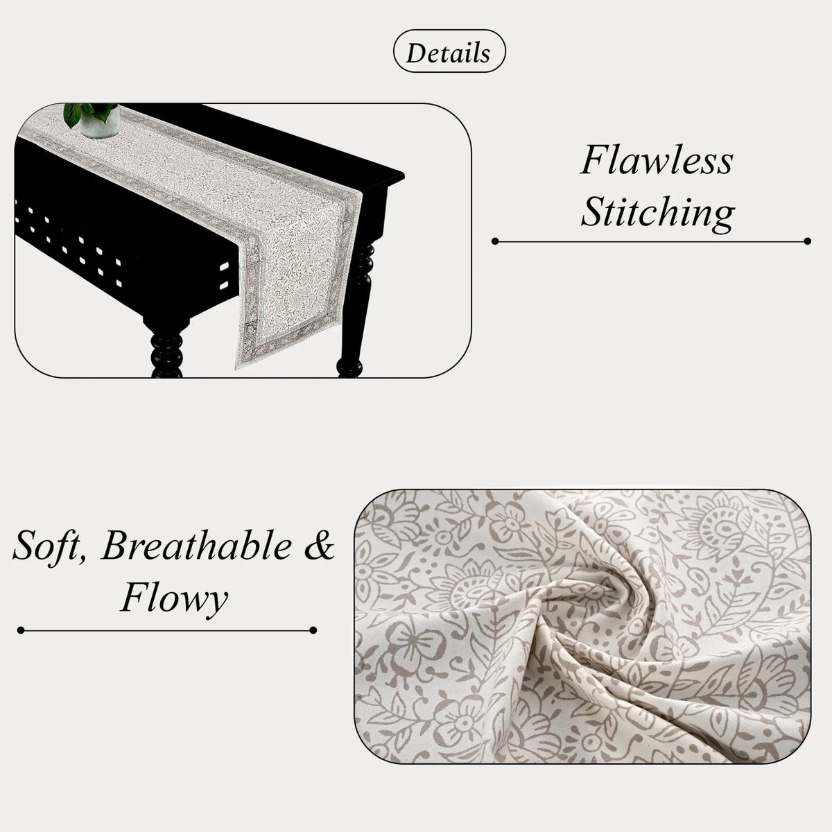 Textured fabric on a table with 'Flawless Stitching' and 'Soft, Breathable & Flowy' text.