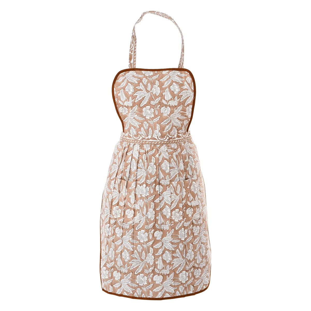 Floral dress with beige and white pattern on a white background