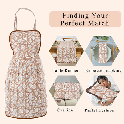 Floral dress with matching tableware and home decor items on a white background.