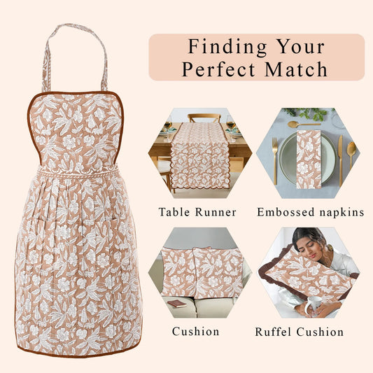 Floral dress with matching tableware and home decor items on a white background.