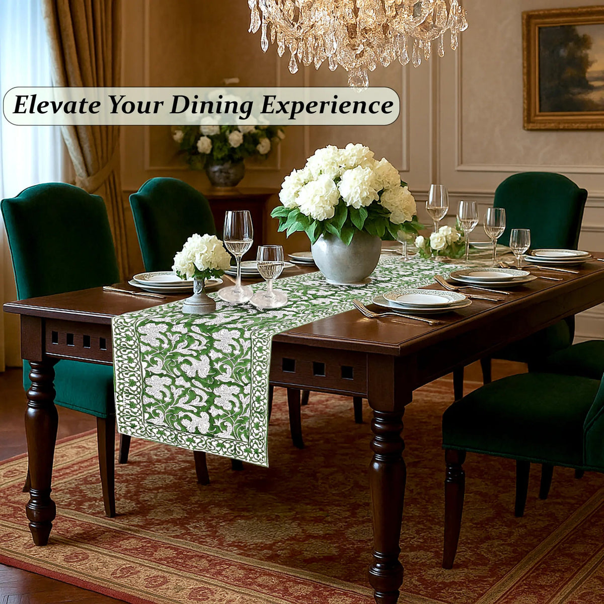 Dining room with a table set for dinner, flowers, and a chandelier.