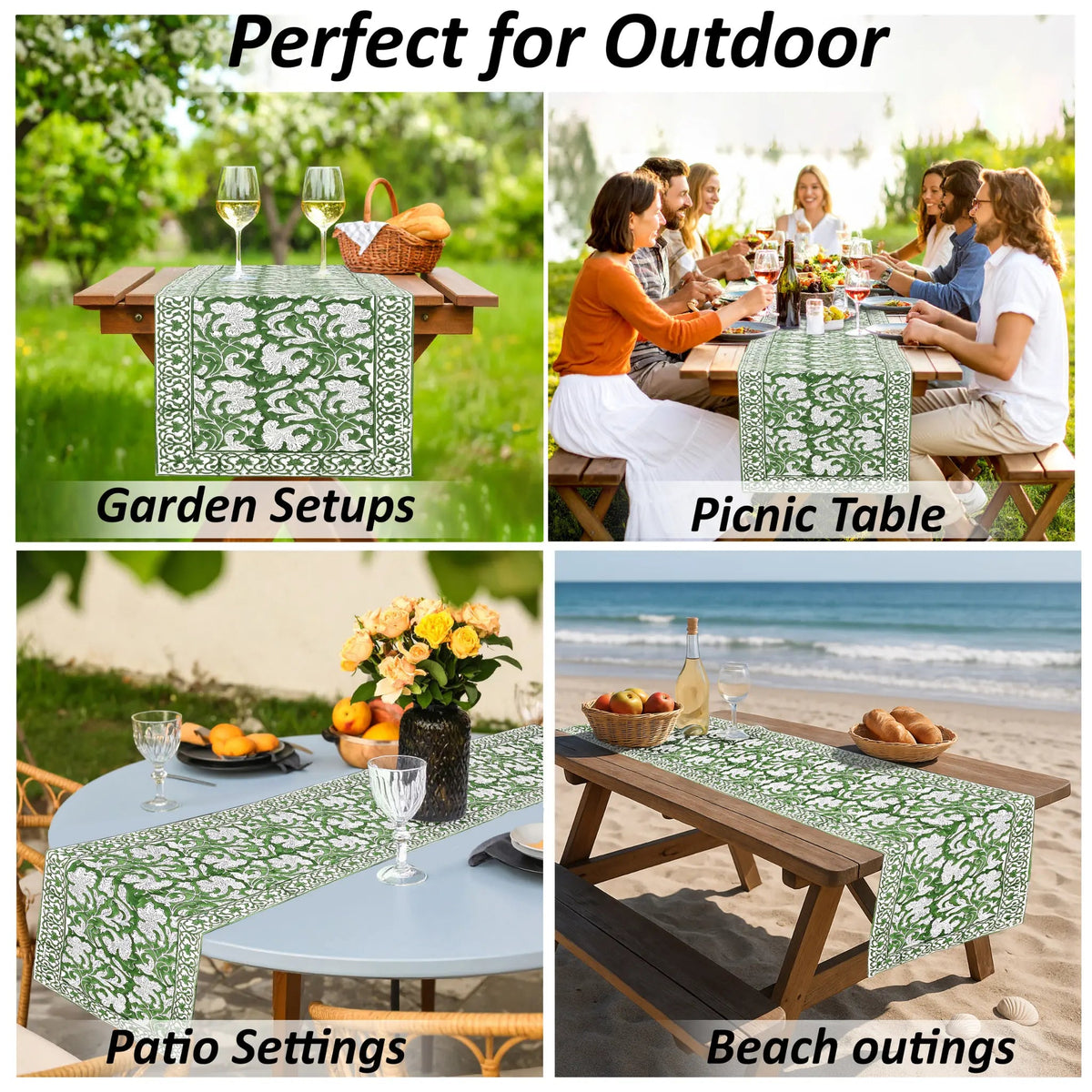 Collage of outdoor settings with a green patterned tablecloth, including garden, picnic, patio, and beach scenes.