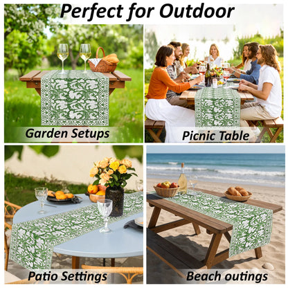 Collage of outdoor settings with a green patterned tablecloth, including garden, picnic, patio, and beach scenes.