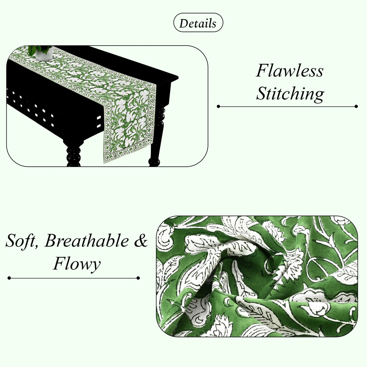 Green floral table runner on a black table with text highlighting features like 'Flawless Stitching' and 'Soft, Breathable & Flowy'.