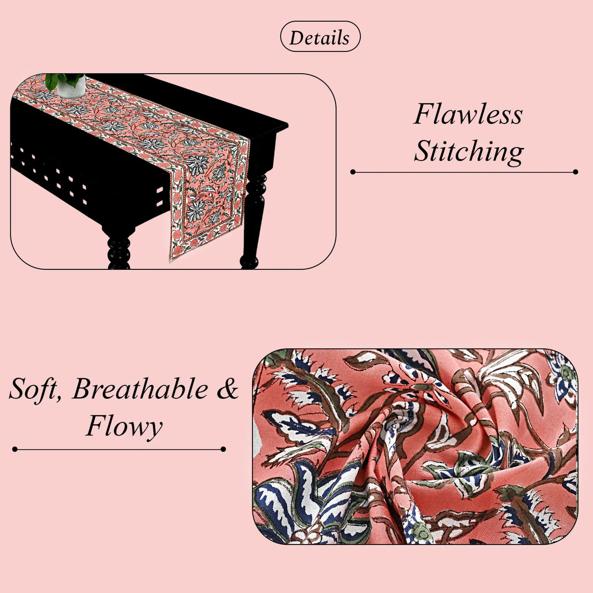 Tablecloth with floral pattern on a pink background, highlighting 'Flawless Stitching' and 'Soft, Breathable & Flowy' text.