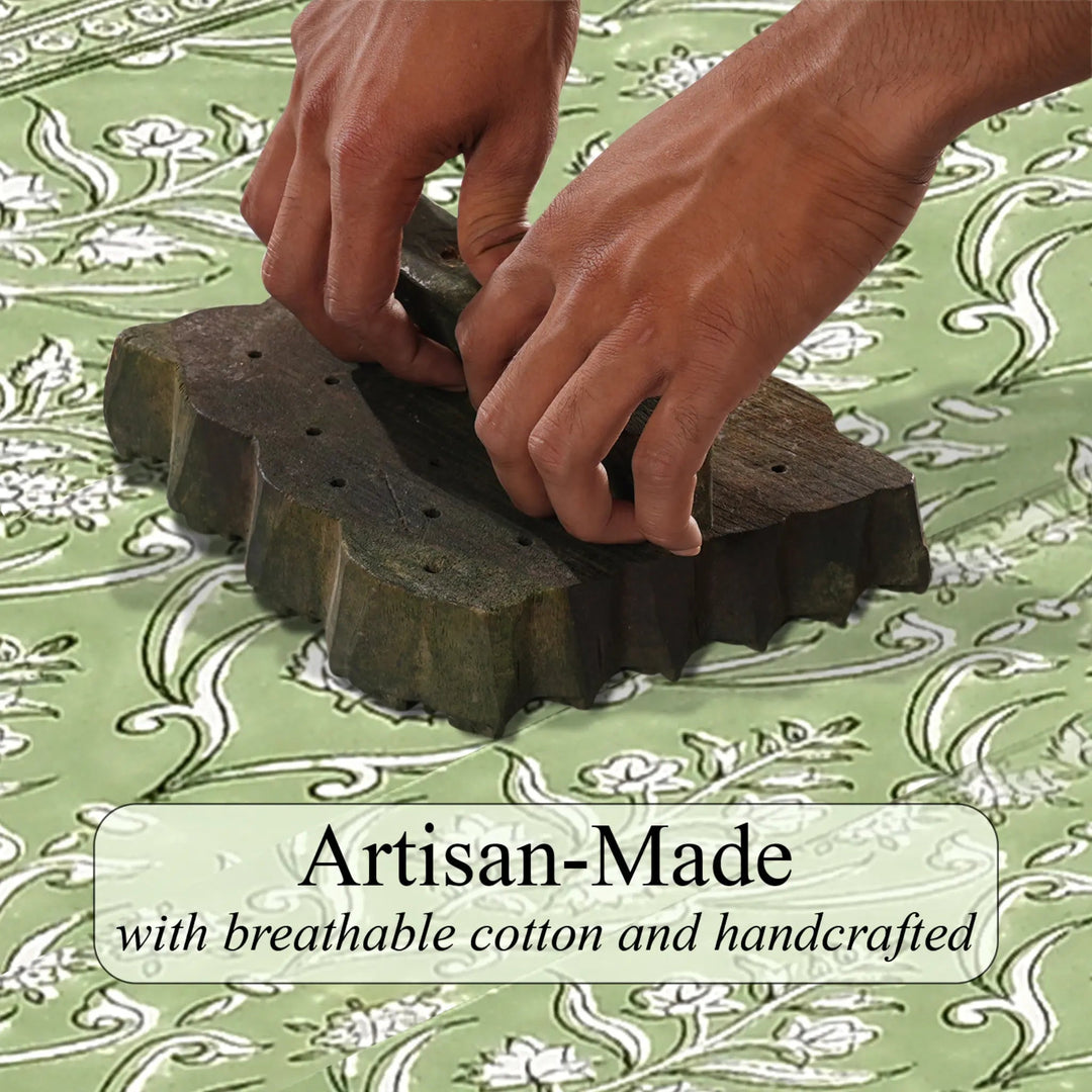 Hands using a textured tool on a green fabric background with &