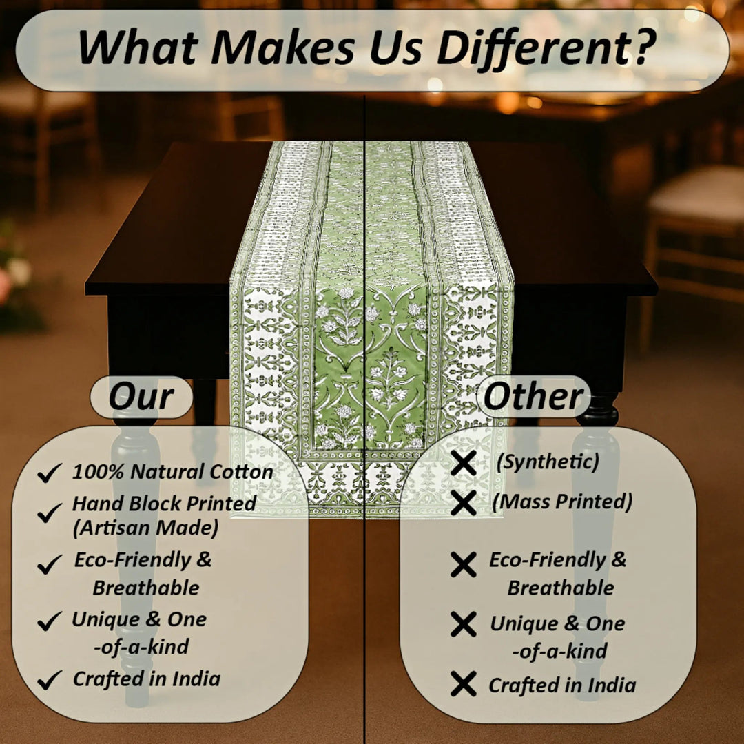 Comparison chart highlighting the differences between 100% natural cotton tablecloth and synthetic alternatives.