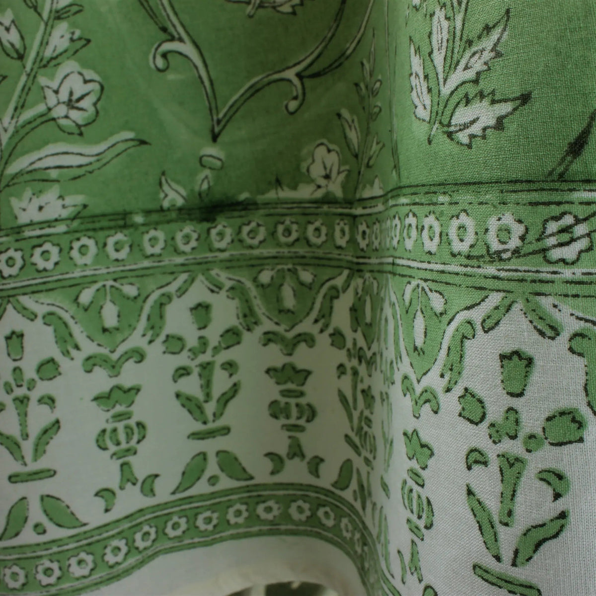 Close-up of green fabric with white floral patterns