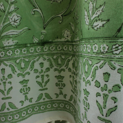 Close-up of green fabric with white floral patterns