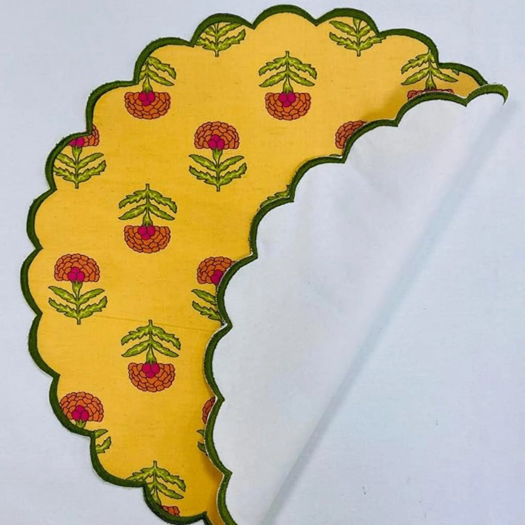 Yellow fabric with floral patterns on a white background