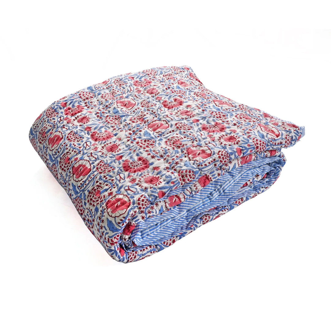 Floral patterned quilt on a white background