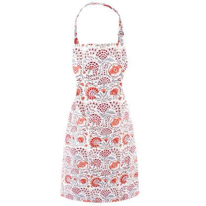Floral apron with red and white pattern on a white background