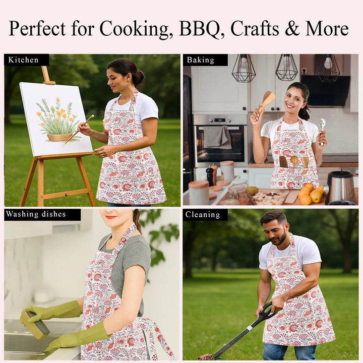 Collage of people wearing aprons in various activities with text &