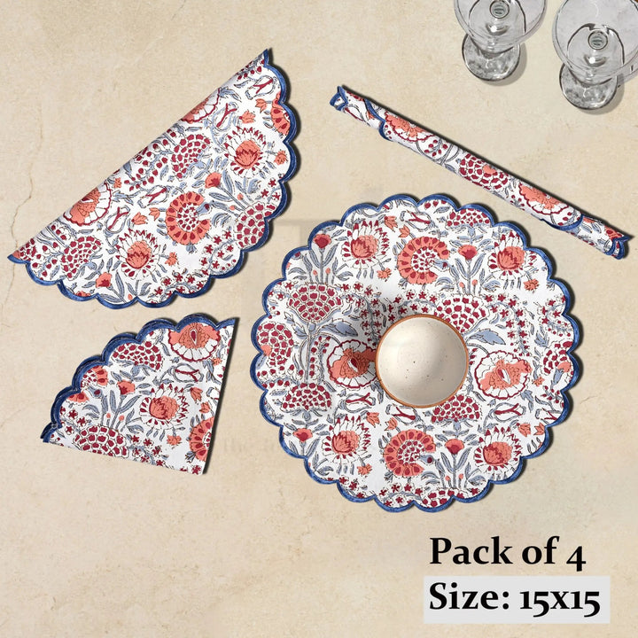 Set of floral placemats and coasters on a beige background with &
