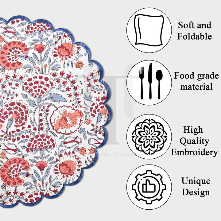 Floral placemat with features listed on a white background