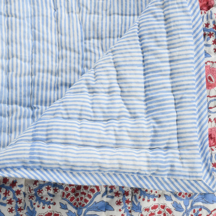 Close-up of a quilt with blue and white striped pattern and floral border