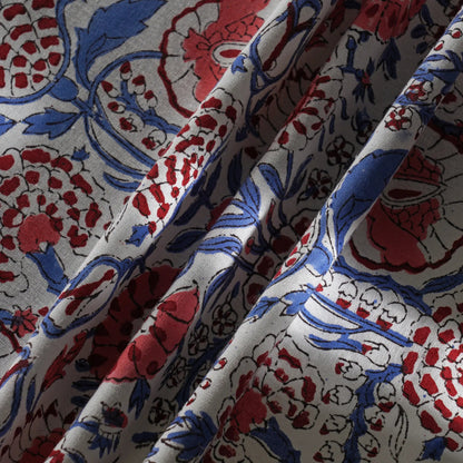 Close-up of fabric with red, blue, and white floral pattern