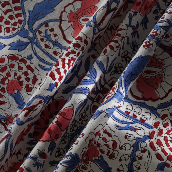 Close-up of fabric with red, blue, and white floral pattern