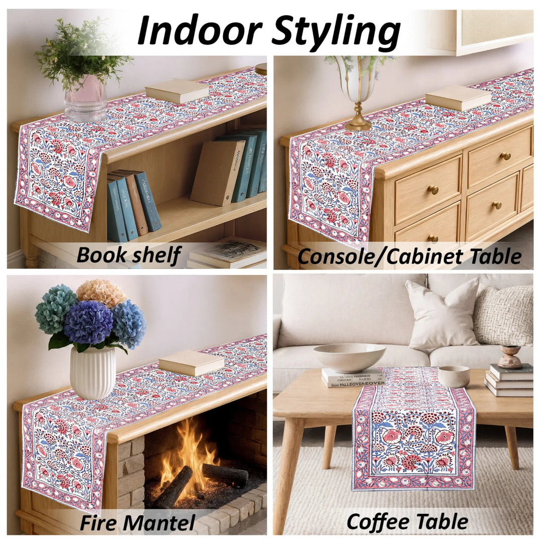 Patterned table runner displayed on various furniture pieces with text &