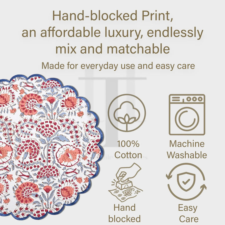 Product advertisement with floral pattern, text, and icons on a white background