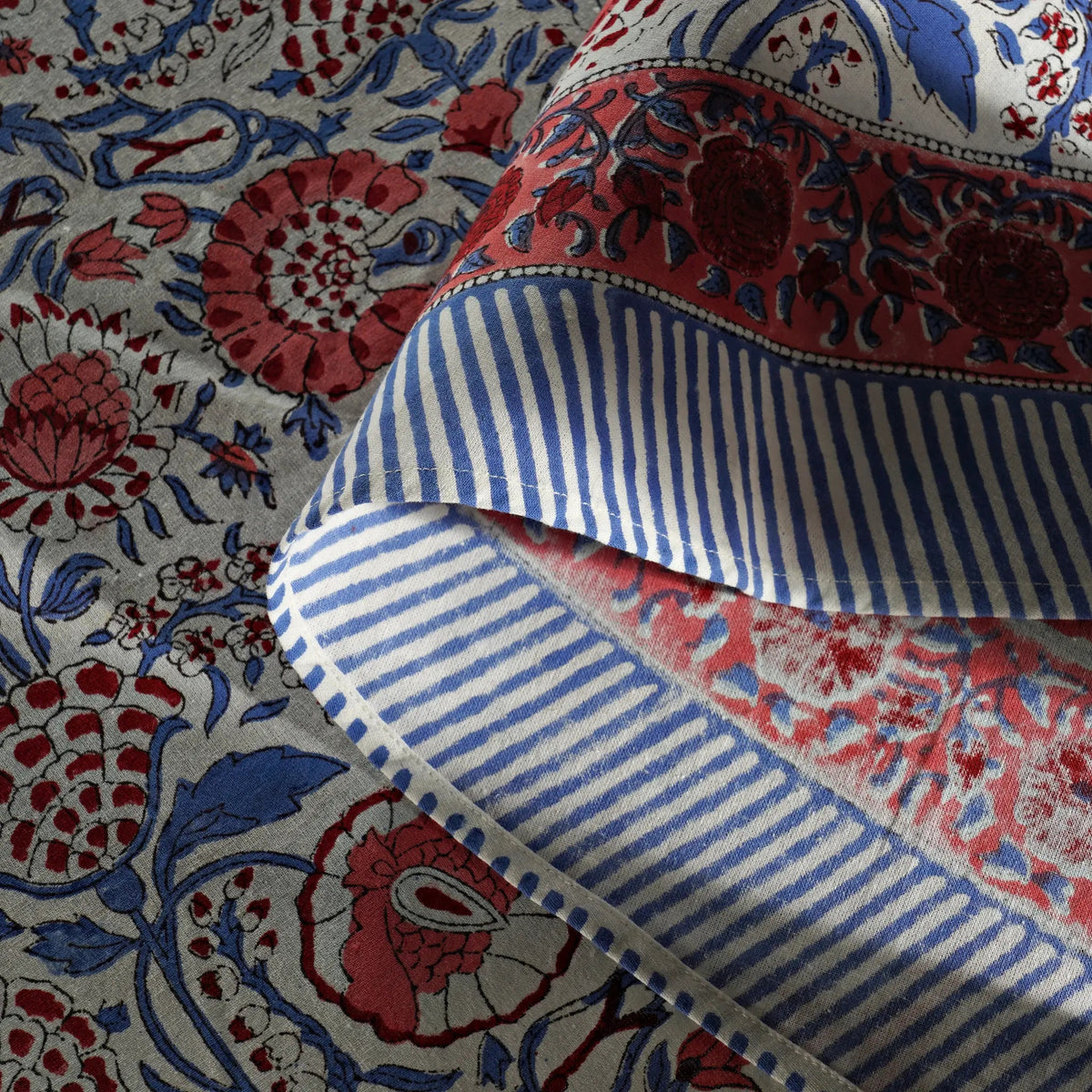 Close-up of a patterned fabric with red, blue, and white colors.