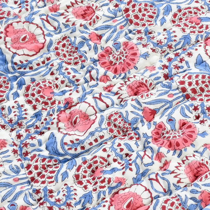 Close-up of floral fabric with pink and blue patterns on a white background