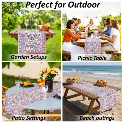 Tablecloth with floral pattern used in various outdoor settings including garden, picnic, patio, and beach.