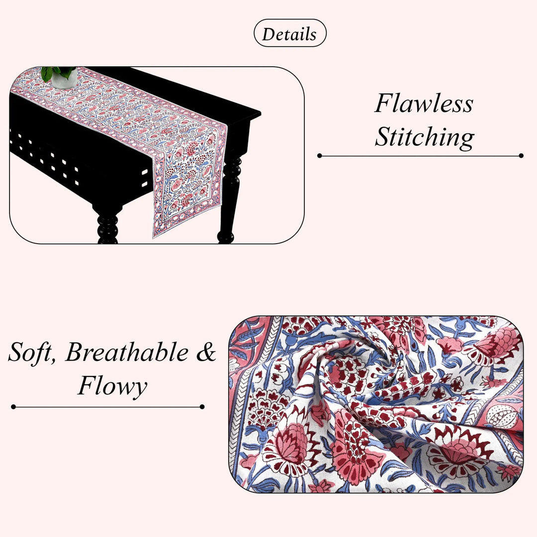 Floral patterned table runner with stitching details on a white background