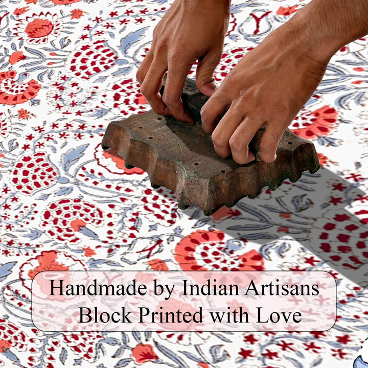 Handmade block printing process on fabric with text &