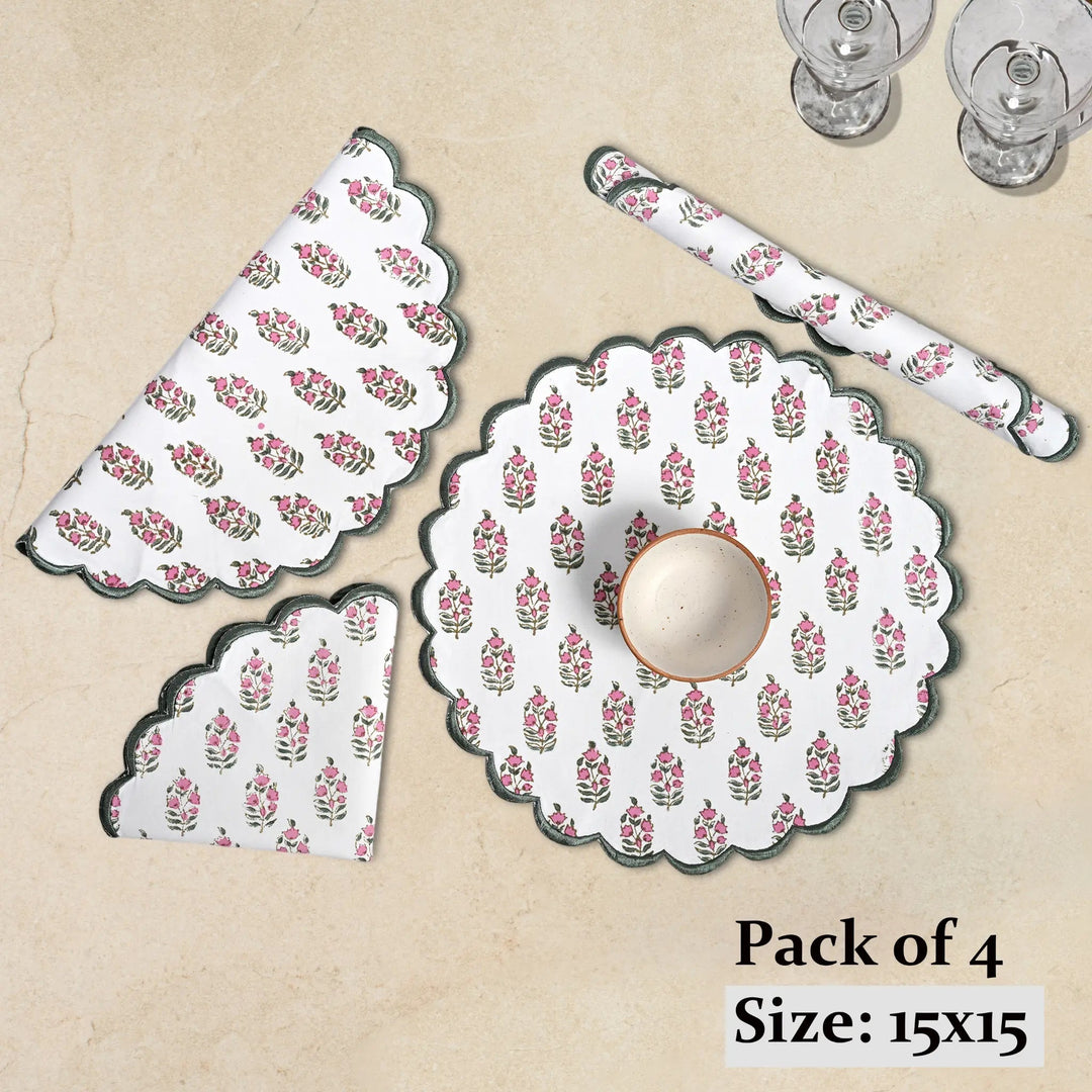 Pack of 4 floral-patterned placemats on a beige background