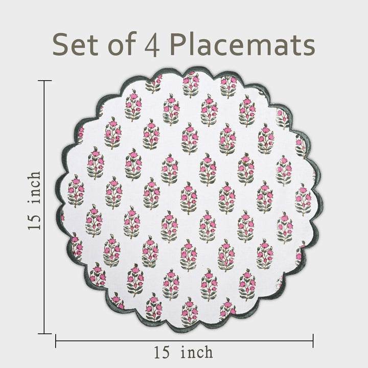 Set of 4 floral placemats with dimensions on a white background