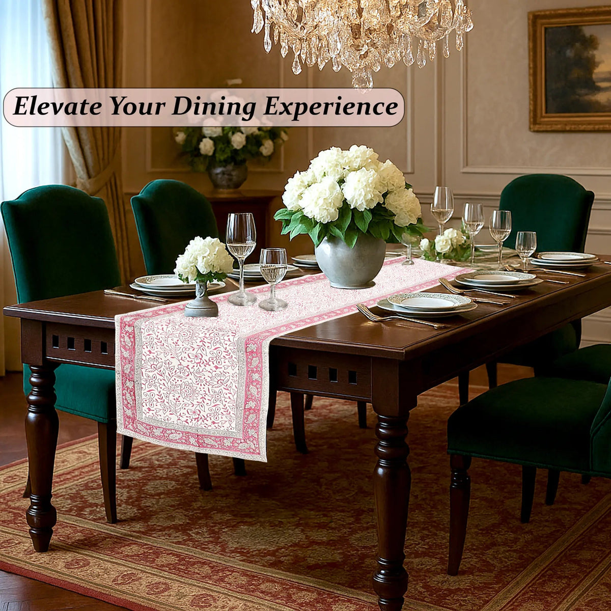Dining room with a table set for dinner, flowers, and a chandelier.