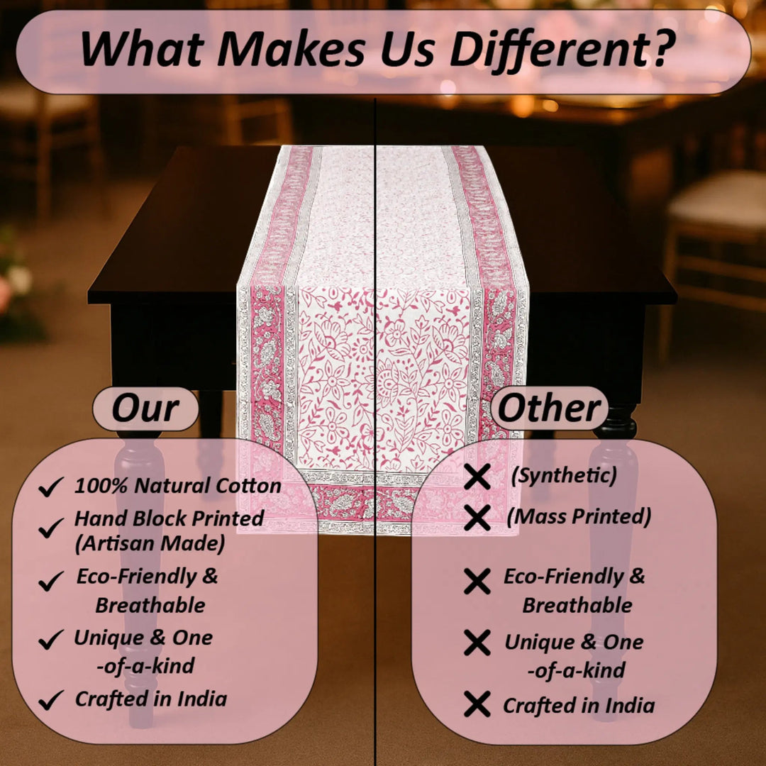 Comparison chart on a table runner with text highlighting differences between &