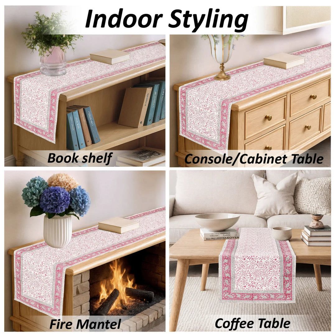 Pink and white patterned table runner displayed on various furniture items with text &