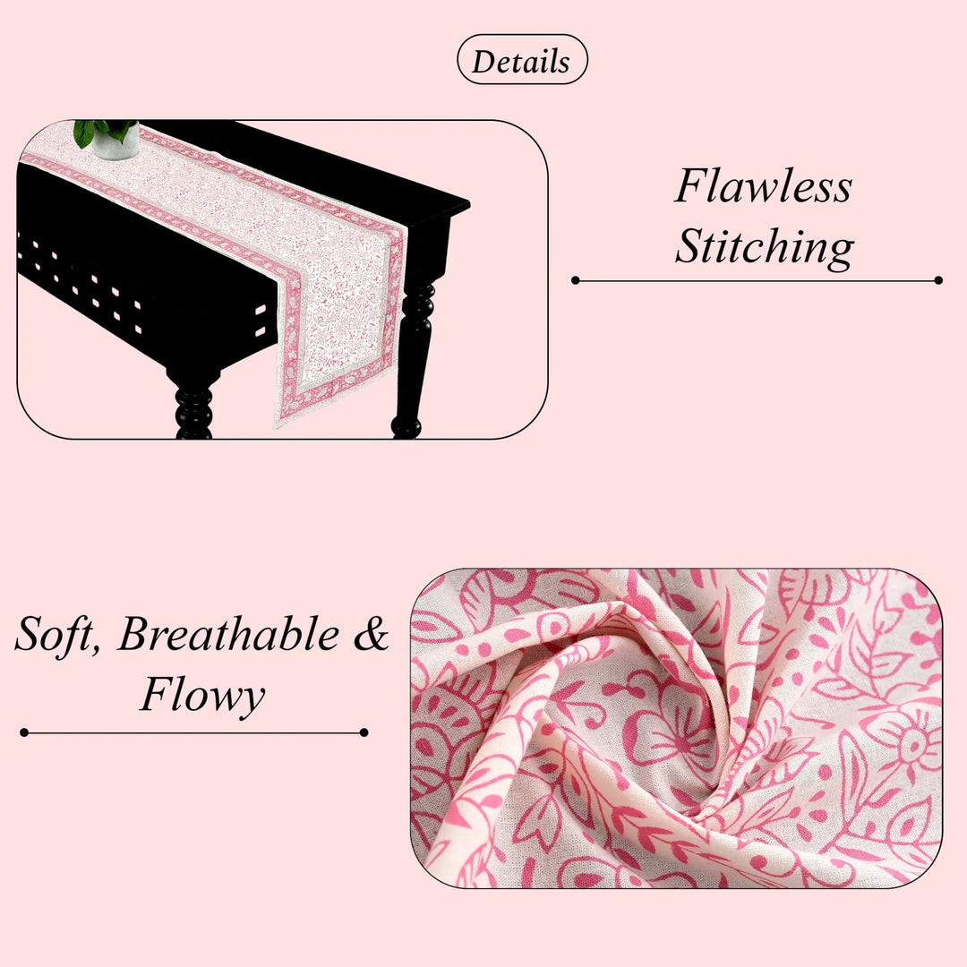 Table runner with floral pattern on a pink background, highlighting &