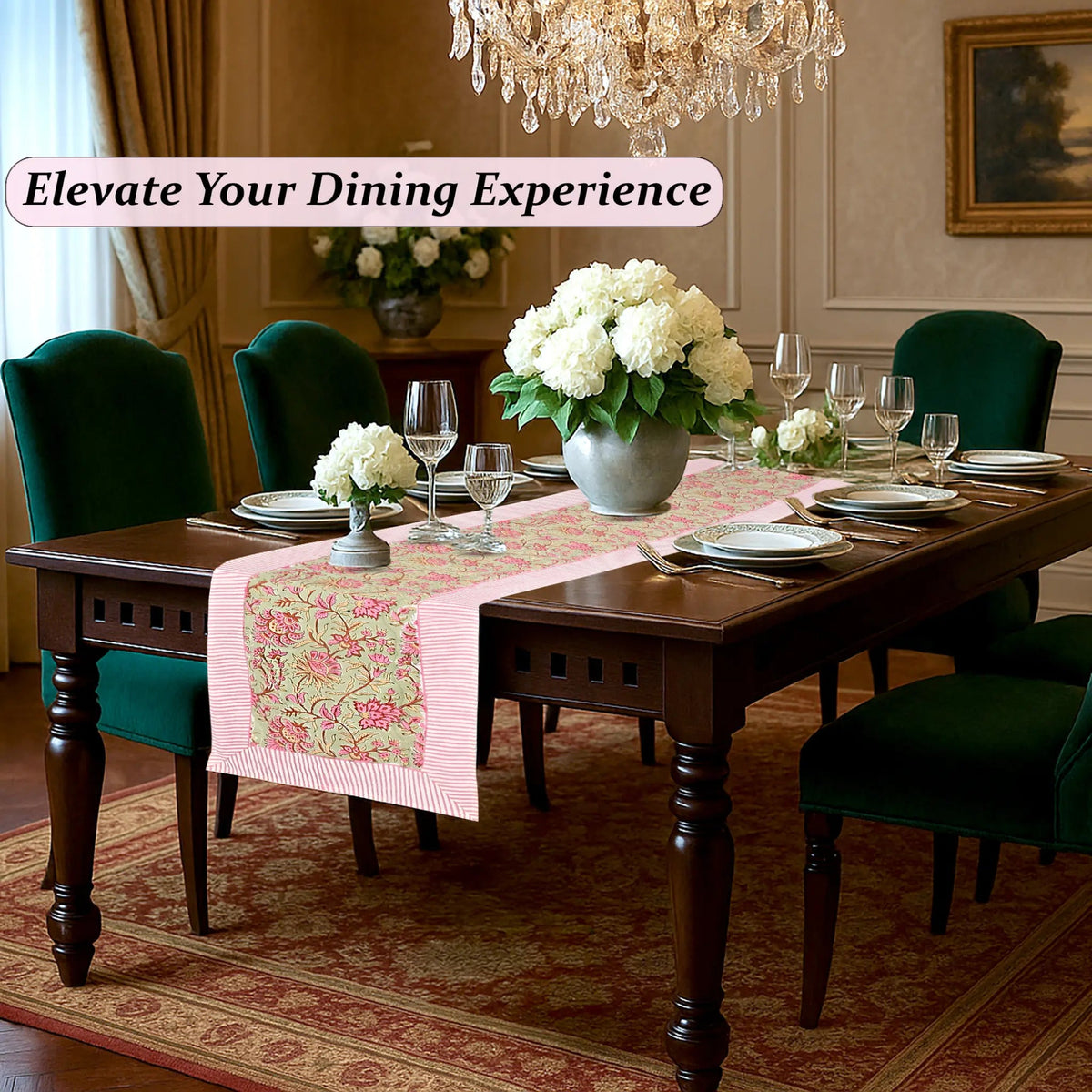 Dining room with a table set for dinner, flowers, and elegant decor.
