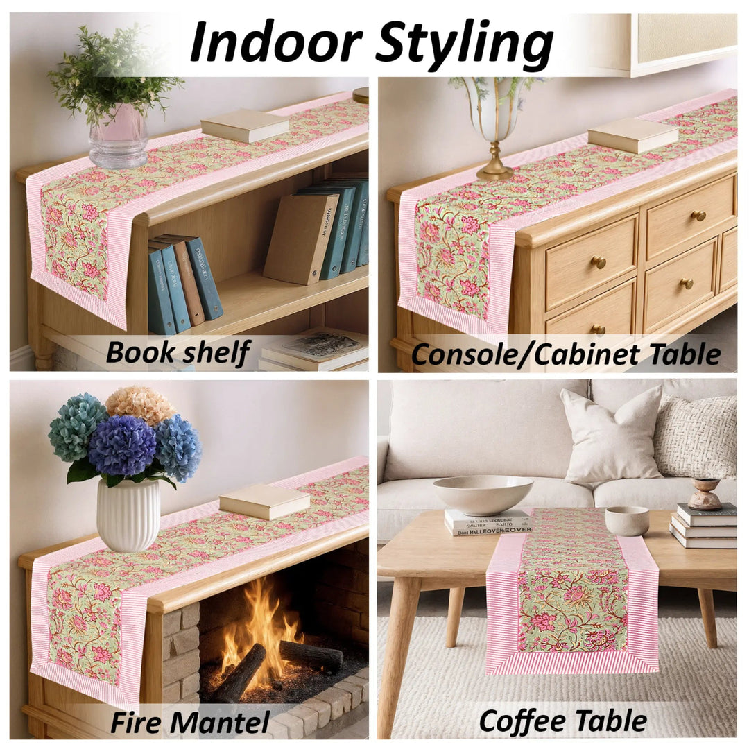 Floral table runner displayed on various furniture pieces with text &