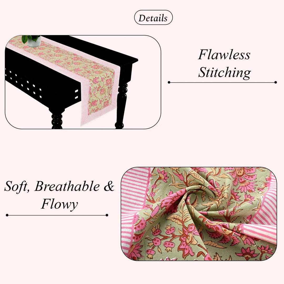 Floral table runner on a black table with text highlighting &