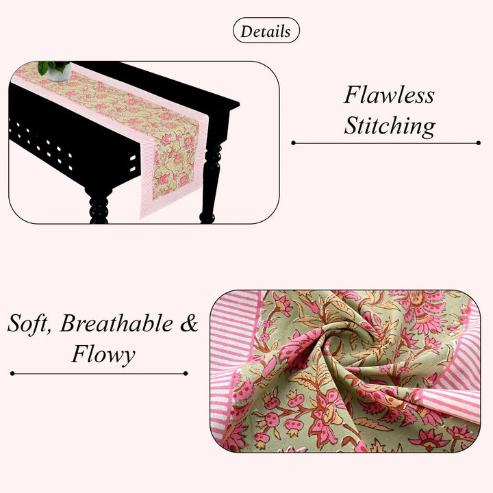 Floral table runner on a black table with text highlighting &