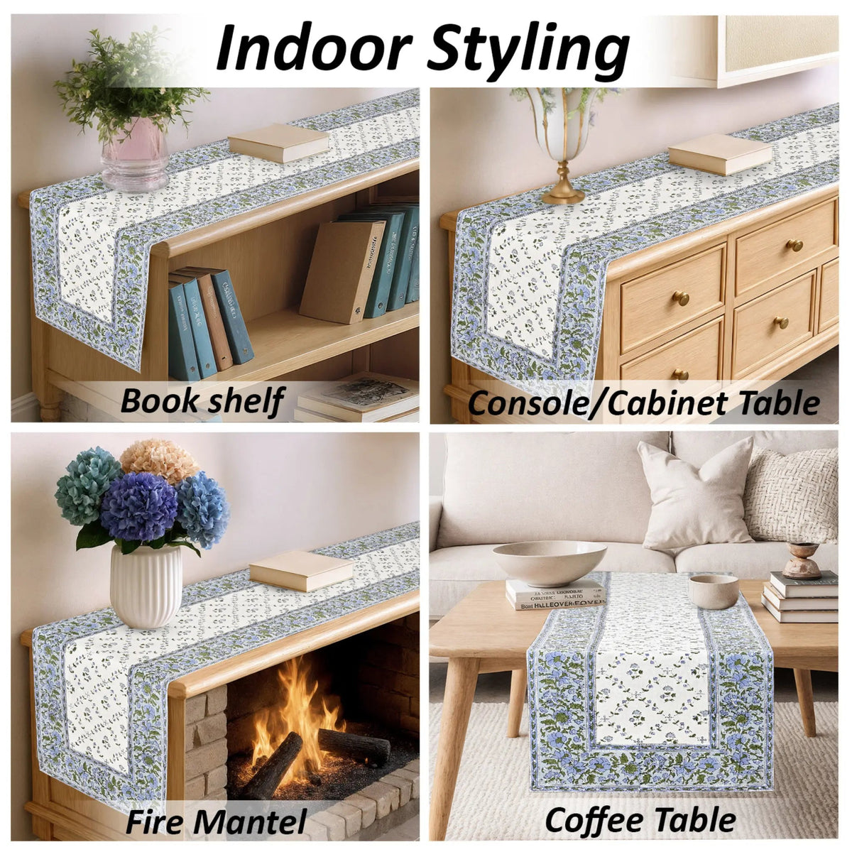 Table runner with floral pattern used on bookshelf, console table, fire mantel, and coffee table.