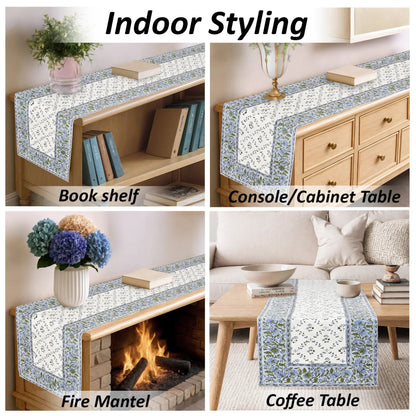 Table runner with floral pattern used on bookshelf, console table, fire mantel, and coffee table.