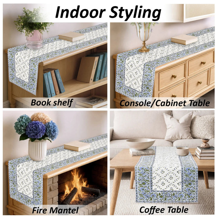 Table runner with floral pattern used on bookshelf, console table, fire mantel, and coffee table.
