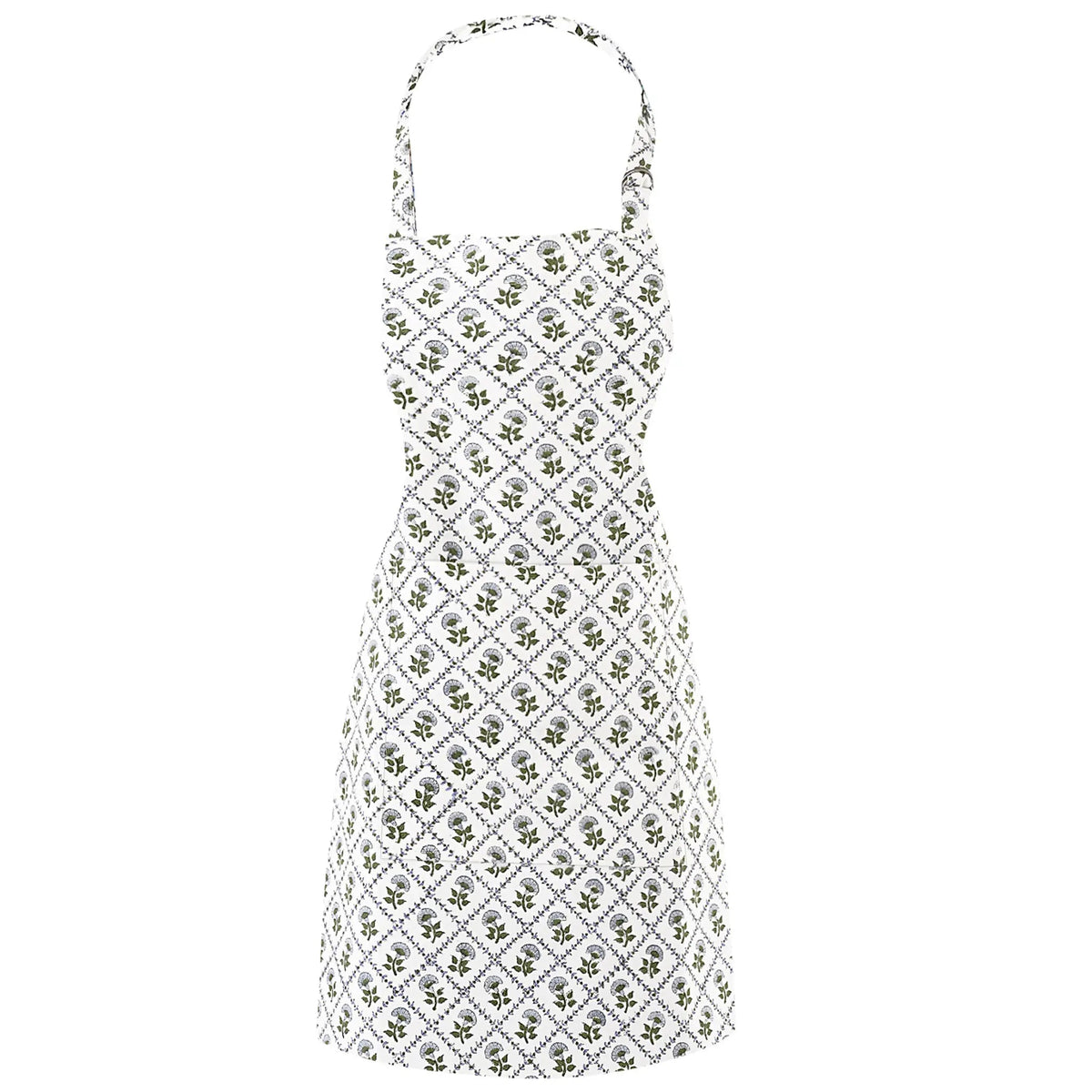White dress with green floral pattern on a white background