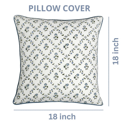 Floral patterned pillow cover with dimensions on a white background