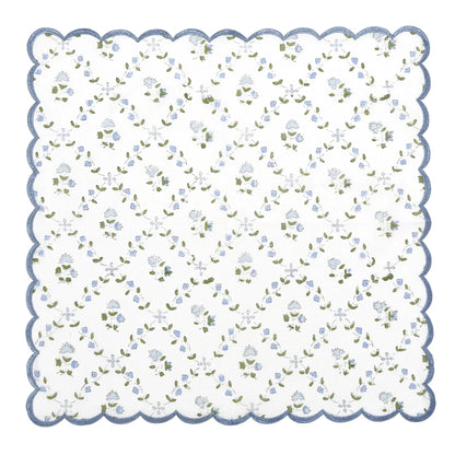Floral patterned fabric swatch with scalloped edge on a white background