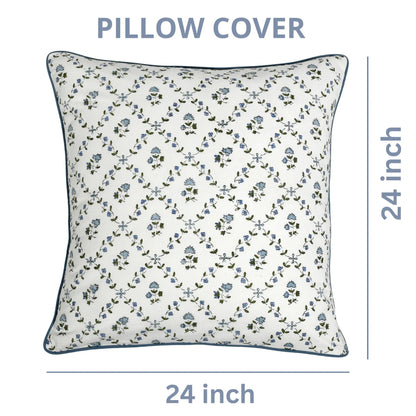 Floral patterned pillow cover with dimensions on a white background