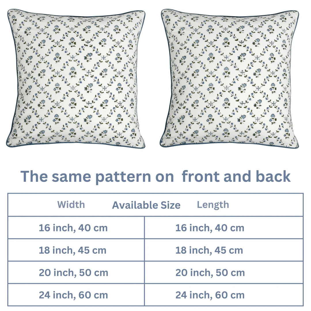 Two floral-patterned pillows with a size chart below on a white background