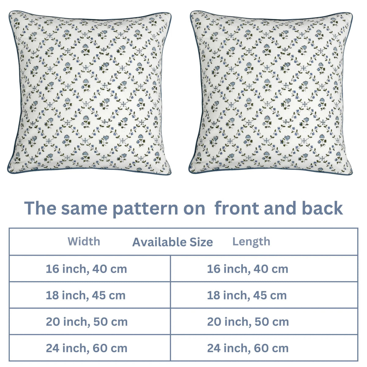 Two floral-patterned pillows with a size chart below on a white background